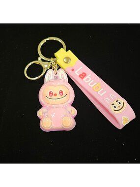Labubu Pink Bunny Keychain Silicone Wrist Strap Cute Cartoon Adorable Gift